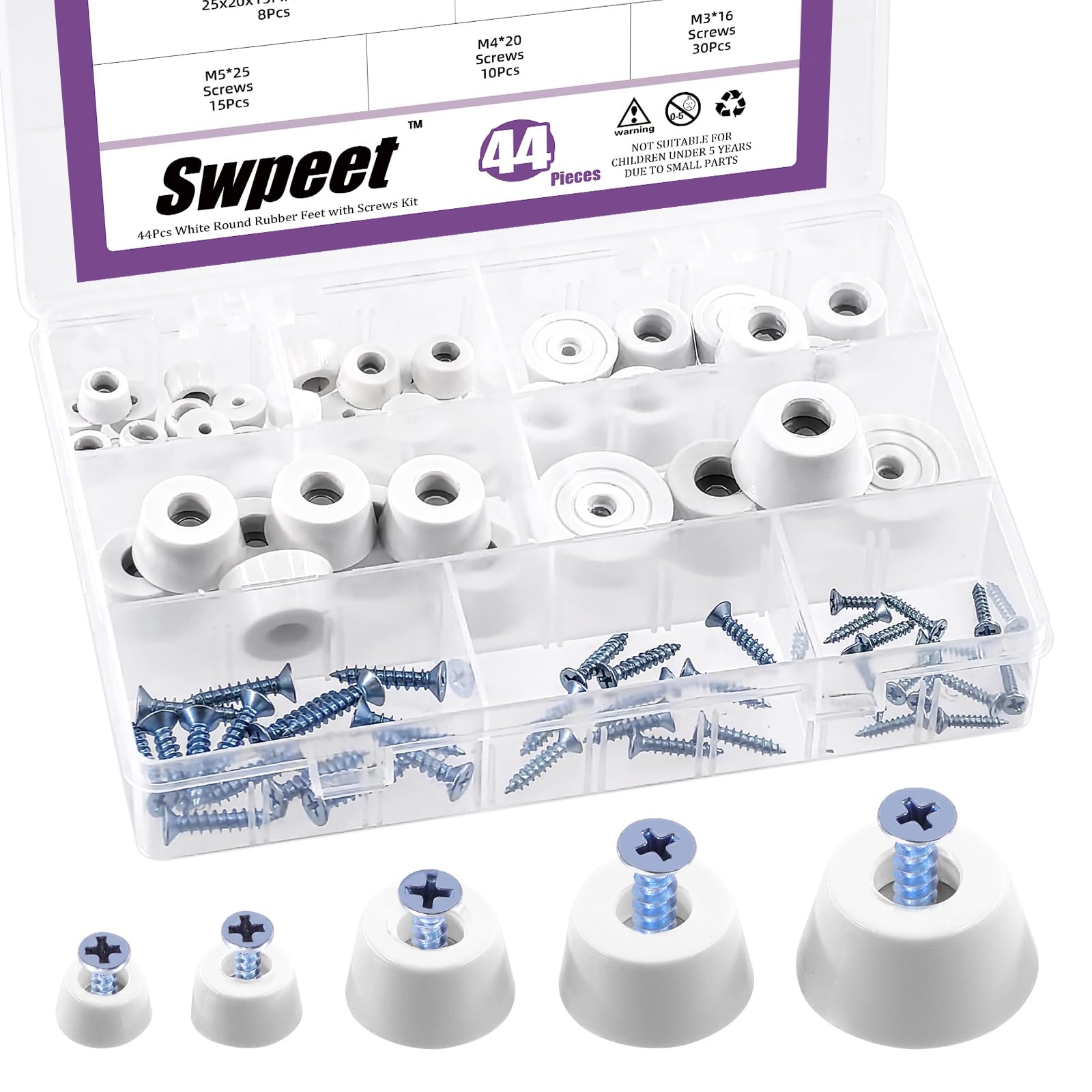 Swpeet 99Pcs Five Sizes 0.47''×0.28'' 0.59''×0.31'' 0.83''×0.47'' 1''×0.51'' 1.18''×0.59'' (W×H) White Round Rubber Feet Pads Assortment Kit with M3 M4 M5 Screws, Rubber Pads Uesd for Furniture