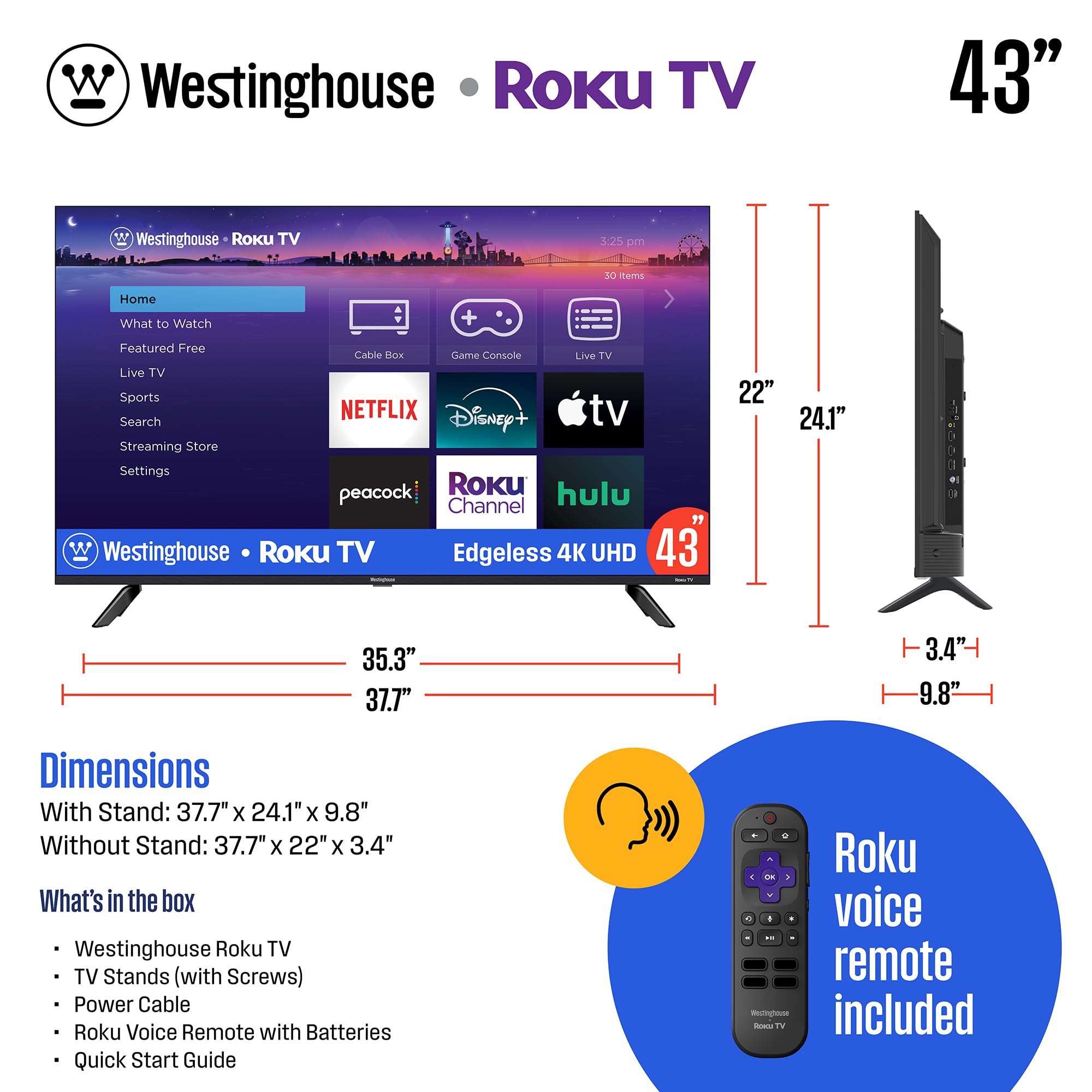Westinghouse Edgeless Roku TV - 43 Inch Smart Television, 4K LED UHD w/HDR 10, Wi-Fi & Mobile App Connectivity, Flat Screen Compatible w/Apple AirPlay, Alexa, & Google Assistant