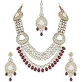 I Jewels Gold Plated Indian Wedding Bollywood Multi Layered Pearl Kundan Bridal Necklace Jewellery with Dangle Earrings & Maang Tikka Set For Women/s (IJ387)