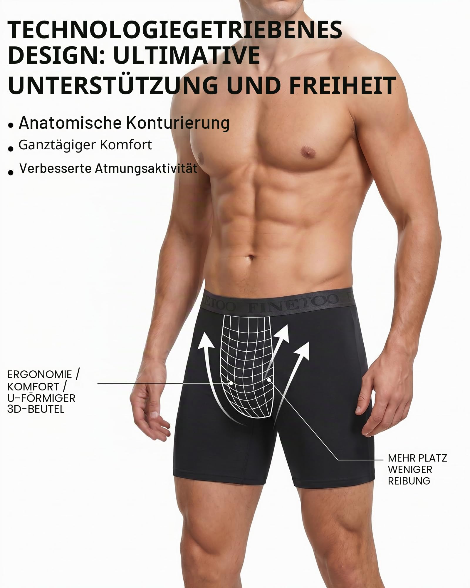 FINETOO 3er Pack Lang Boxershorts Herren Baumwolle Unterhosen Männer Unterwäsche Men Shorts Mutipack Ohne Kratzenden Zettel Retroshorts Boxer mit Elastischem Bund für Alltag Schwarz Underwear S-3XL 5