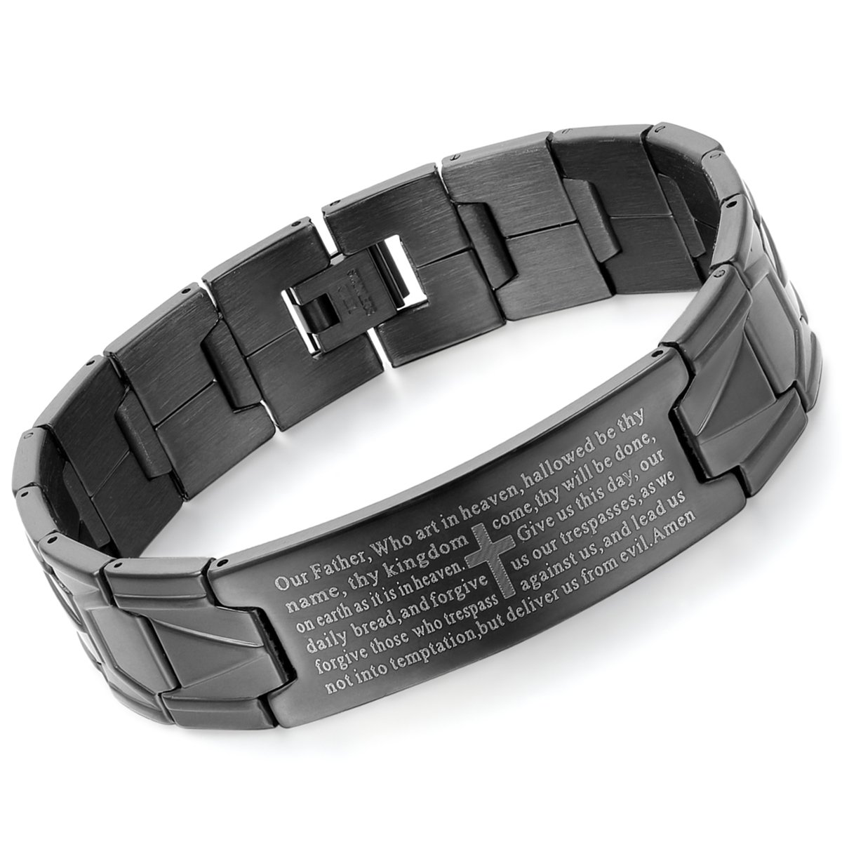 Cupimatch Mens Vintage Religious Black Stainless Steel English Bible Lord's Prayer Cross Link Chain Bracelet Bangle 8.3 Inch