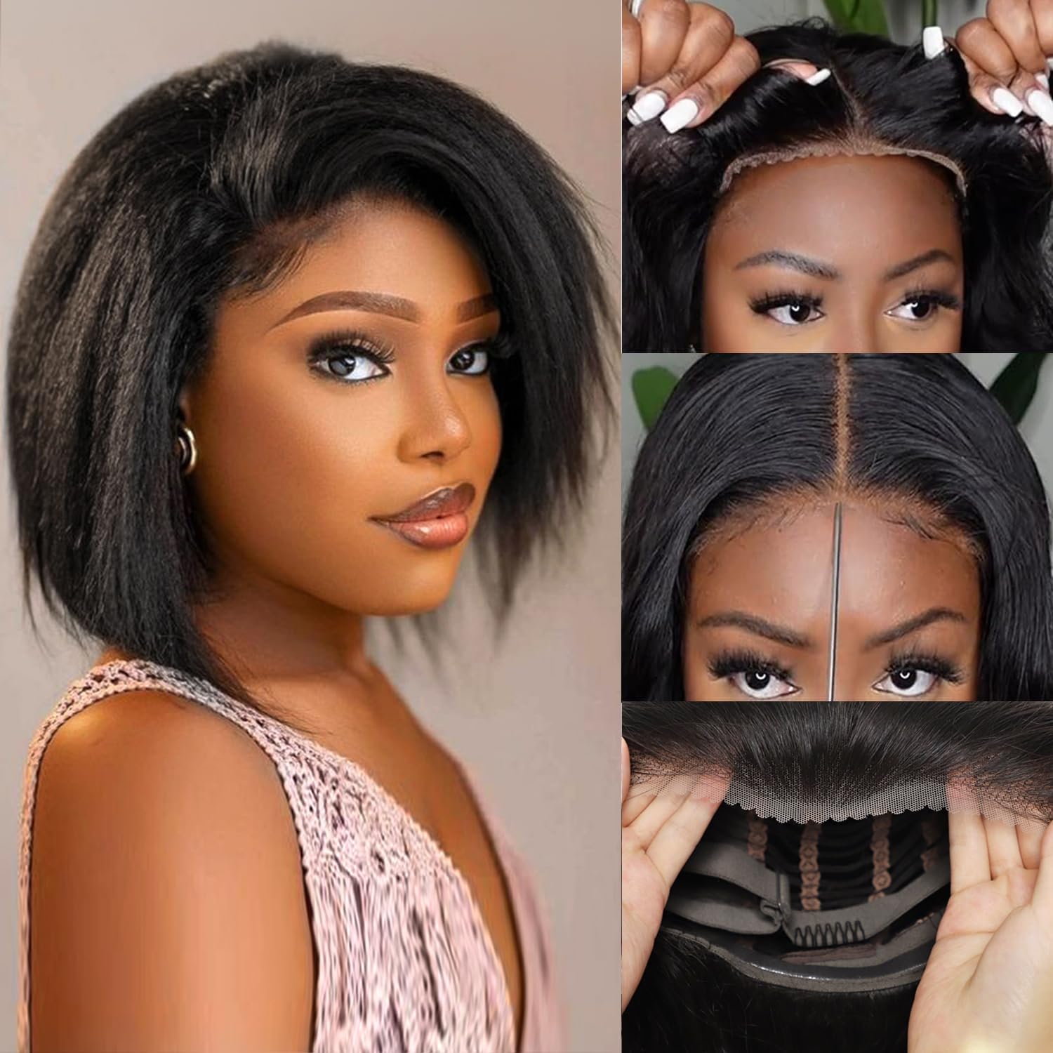 Yaki Human Hair Wig Glueless Bob Wigs for Black Women 13x4 Pre Cut Lace Front Wig Wear and Go Glueless Kinky Straight Human Hair 180% Density 10 Inch. โ image 1