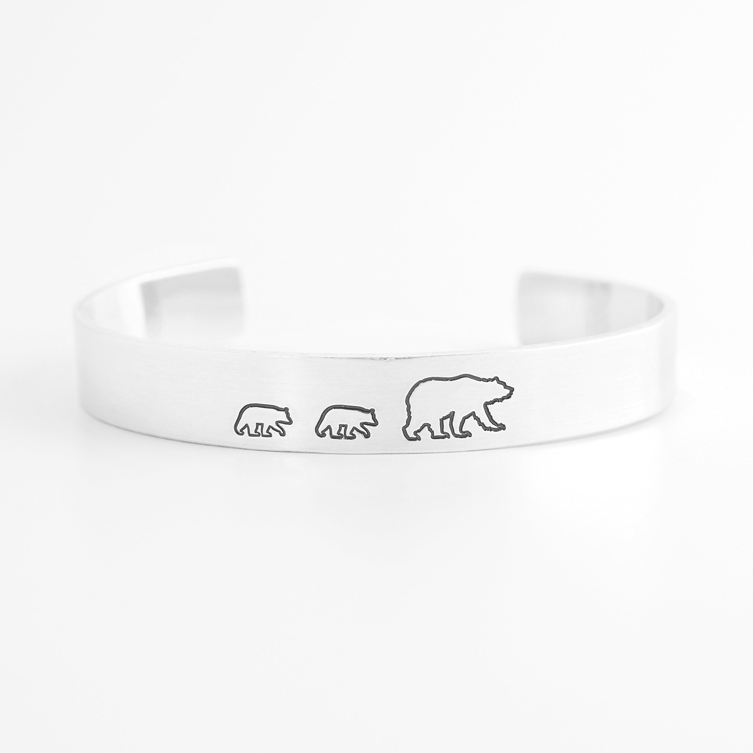 Mama Bear with Two Cubs Cuff Bracelet - Hand Stamped Aluminum
