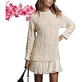 Womens Cable Knit Sweater Dress Crewneck Patchwork Pleated Dresses Twofer Style Long Sleeve Mini Dress 2026