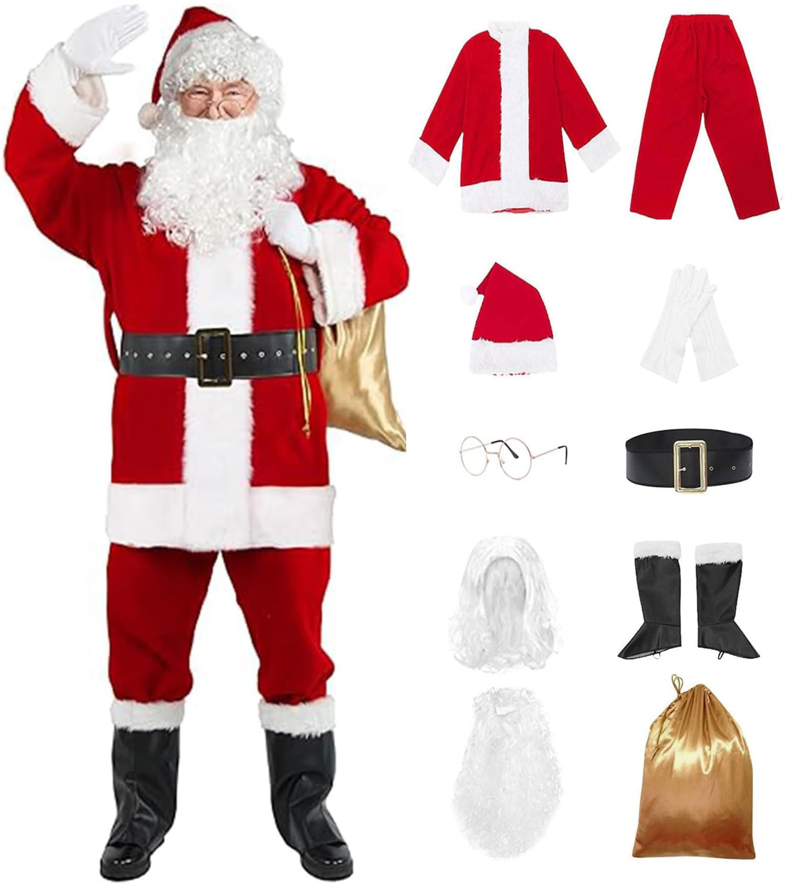 GEMVIE Adult Men's Deluxe Santa Claus Costume Christmas Santa Suit 10 Pcs Xmas Cosplay Santa Outfits