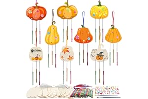 Fennoral 9 Pack Pumpkins Wind Chime Kit for Kids Make Your Pumpkin Wind Chimes Wooden Arts and Crafts for Kids DIY Coloring Pumpkin Craft for Party Supplies Halloween Fall Decoartion