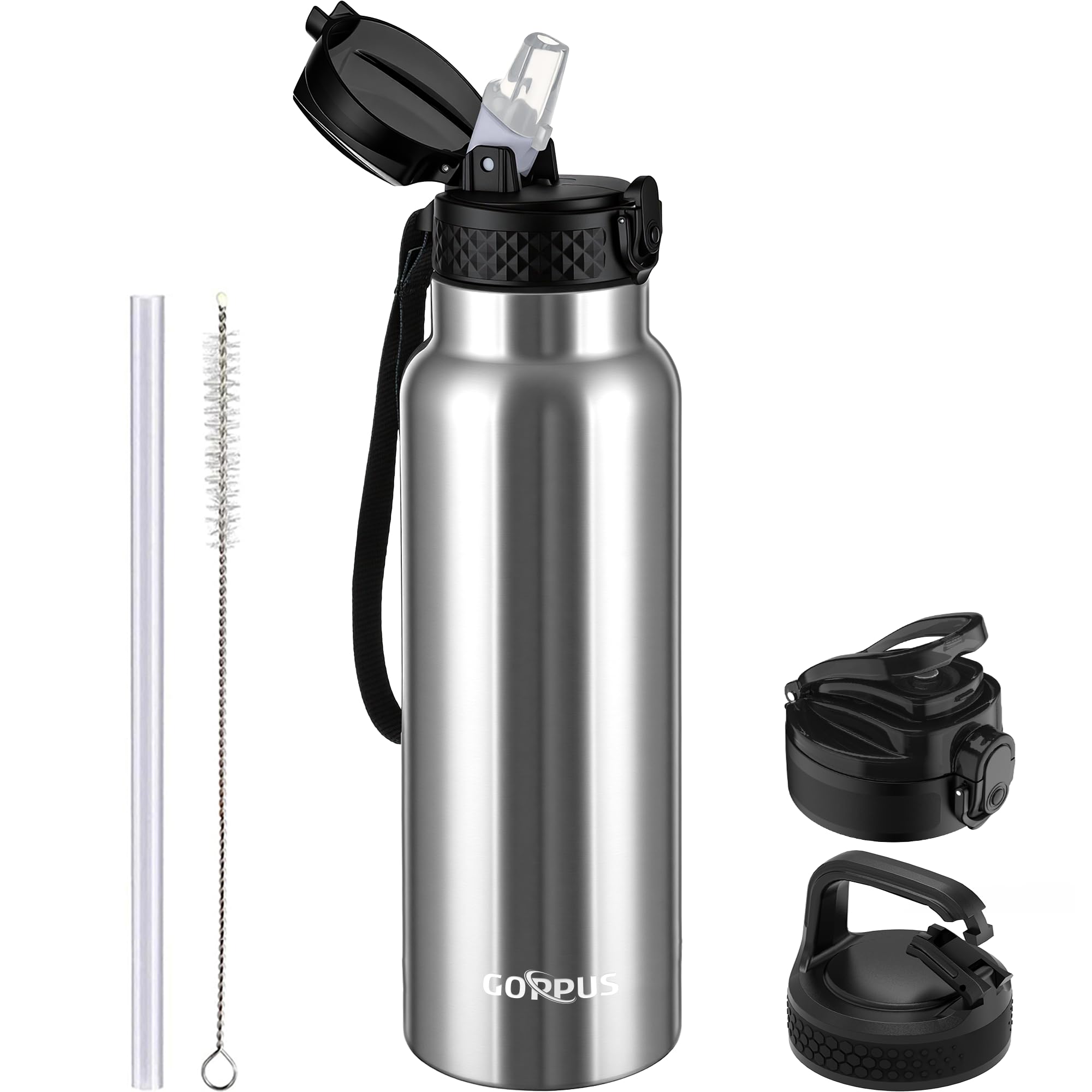 GOPPUS 750ml/26oz Stainless Water Bottle with Straw Double Wall Insulated Bottles with Strap Reusable Vacuum Thermal Flask Leakproof Keep Cold Drinks Bottles with Flip Top Lid for Men Women BPA Free