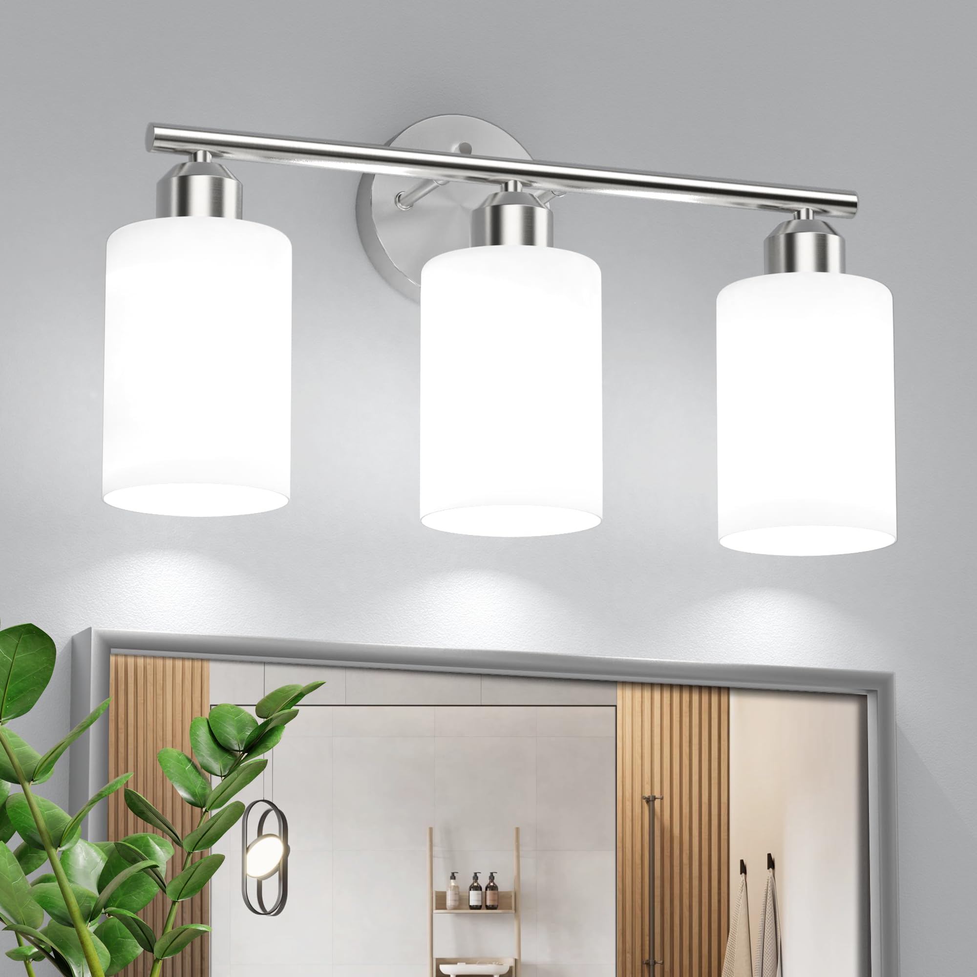 Photo 1 of Espird Bathroom Vanity Light Fixtures Brushed Nickel Bathroom Lighting Fixture, 3 Lights Bathroom Light Fixture Over Mirror, Modern Vanity Light, Wall Sconces with Milky White Glass Shades