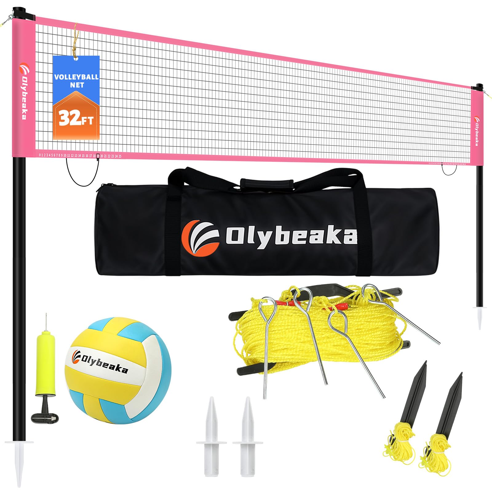 Photo 1 of 32ft Regulation Size Portable Outdoor Volleyball Net Set System for Backyard Beach with Height Adjustable Poles, PU Volleyball and Pump, Carry Bag, Boundary Line - Easy Set Up & Anti-Sagging (Pink)