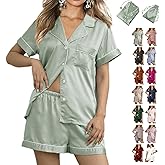 WJing Yi Jia Womens 3Pcs Floral Pajamas Sets Silk Satin Sleepwear XS~4XL Button Down Short Sleeve Shirt Pjs Loungewear