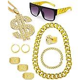 Hoedia 10 PACK 80s 90s Hip Hop Costumes Outfit Kit with Fake Gold Chains, Money Chains, Sunglasses, Dollar Sign Finger Rings, Earrings, Bracelet for Rapper Accessories for Men and Women Dress Outfits