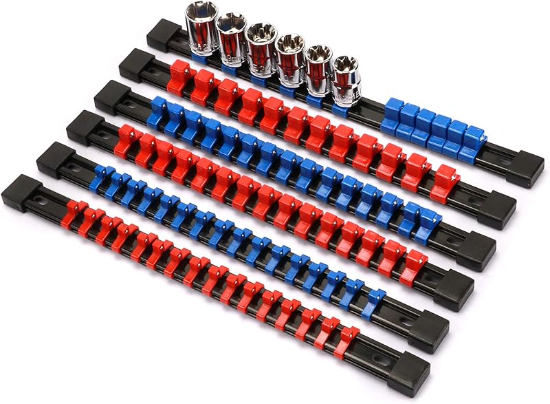 CASOMAN ABS Socket Organizer 6Pcs 1/4 3/8 1/2-Inch Blue Red Rails