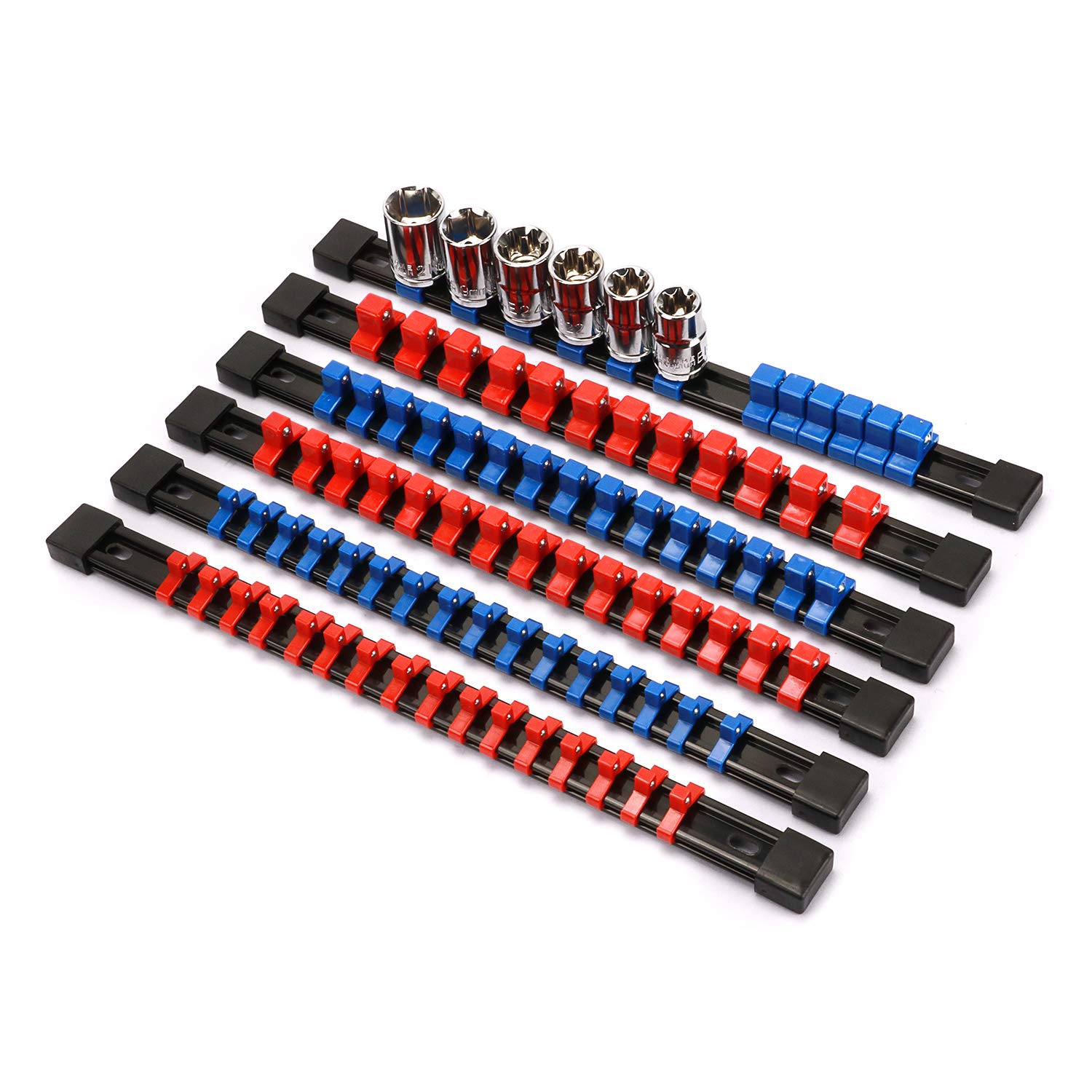 CASOMAN ABS Socket Organizer, 6PCS, 1/4-Inch, 3/8-Inch, 1/2-Inch, Premium Quality, Blue & Red Rails