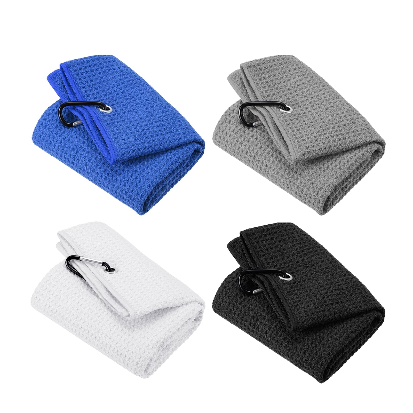 PATIKIL 16"x16" Tri-fold Golf Towel, 4 Pack Microfiber Waffle Pattern Towels Strong Water Absorption with Clip for Golf Bags and Club, Black White Gray Blue