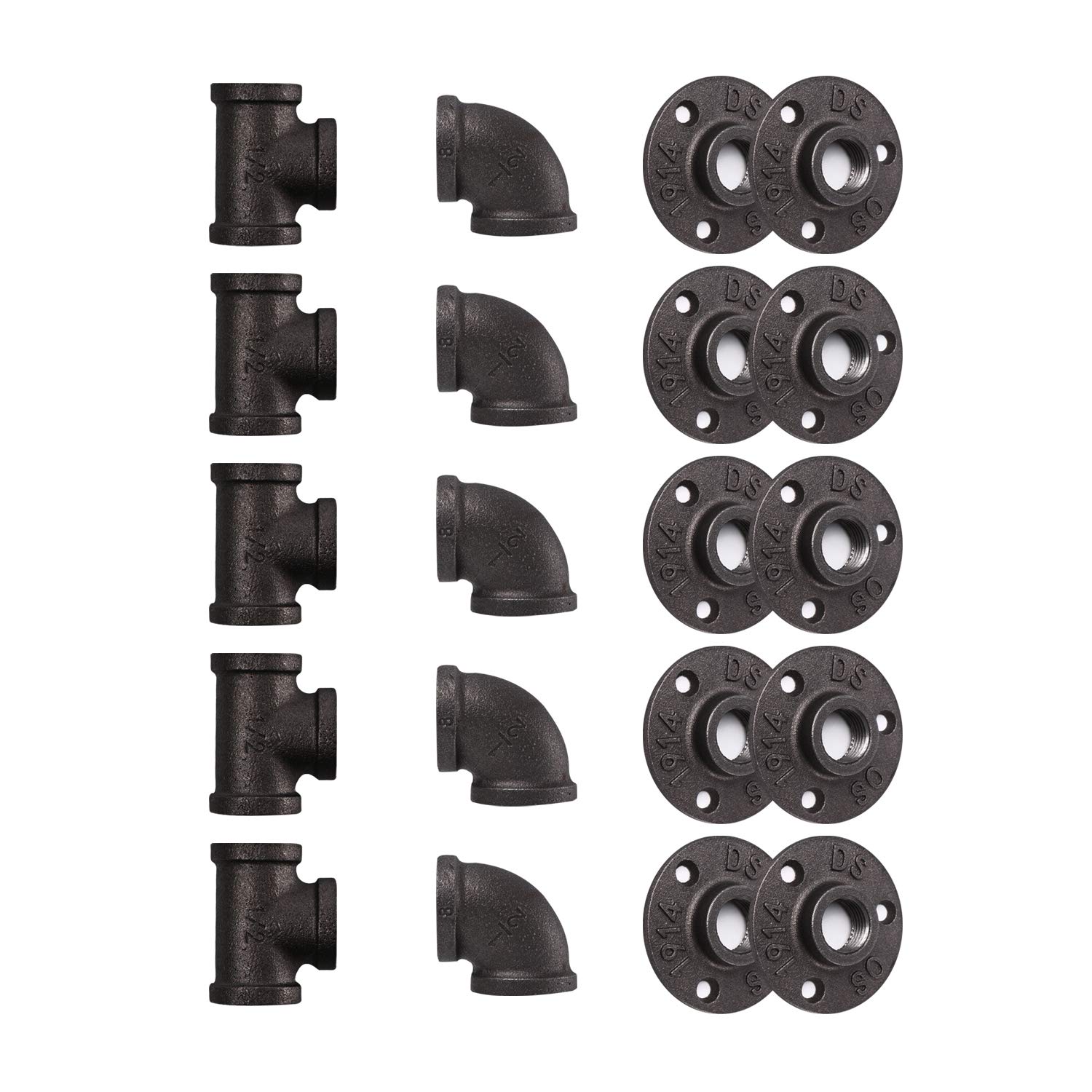 Home TZH Pipe Fitting, 20 Pack 3/4" Black Floor Flange/Elbow/Tee Combo for Industrial vintage style, Flanges/Elbow/Tee with Threaded Hole for DIY Project/Furniture/Shelving Decoration (20, 3/4")