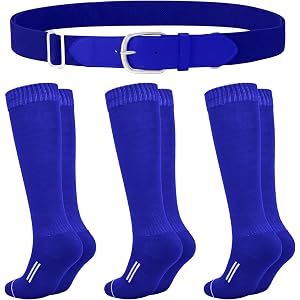 3 Pairs Youth Baseball Softball Cushioned Socks & 1 Elastic Belt Combo Set | Youth Cushioned Baseball Socks & Belt with Adjus
