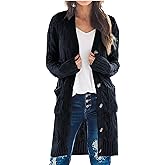 PRETTYGARDEN Long Sleeve Cable Knit Long Cardigan for Women 2026 Spring Winter Chunky Open Front Button Sweaters with Pockets