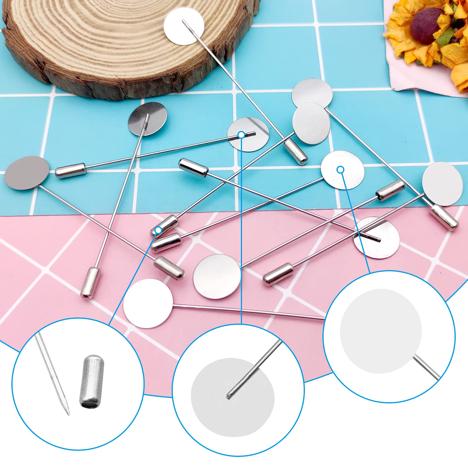 Oubaka 60Pcs Flat Round Tray Lapel Pin for Craft,Silver Safety Stick Pins Stainless Steel Brooch Pin Needle Suit Tie Hat pin Scarf Badge for DIY Costume Jewelry Making Accessories