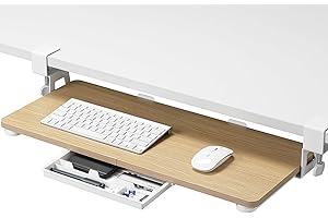 ETHU Keyboard Tray Under Desk, 26.77" X 11.81" Large Size Keyboard Tray with C Clamp-on Mount Easy to Install, Computer Keyboard Stand, Ergonomic Keyboard Tray for Home and Office (Oak)