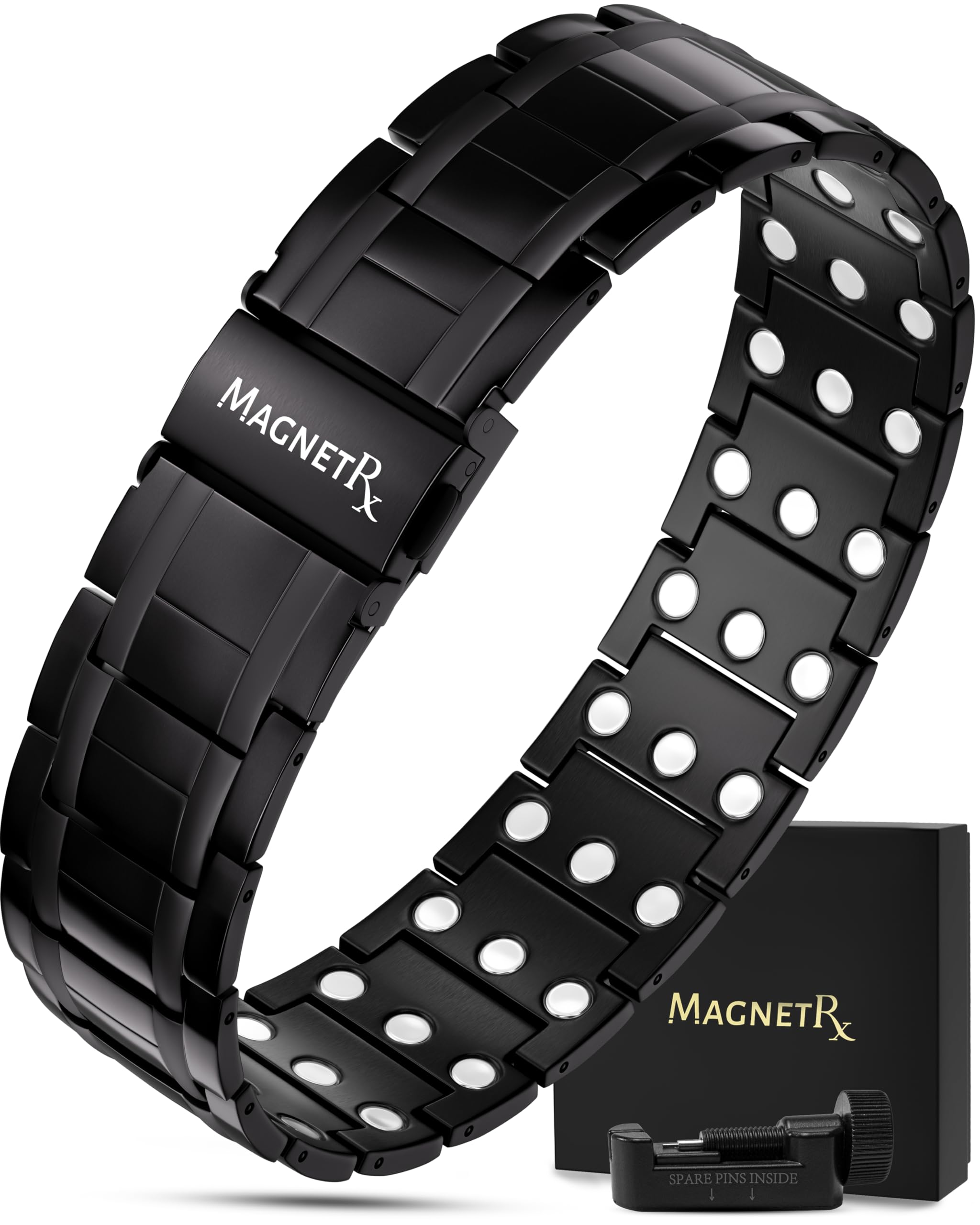 MagnetRX® 3X Strength Magnetic Bracelets for Men - Effective Titanium Magnetic Bracelet Men - Premium Fold-over Clasp & Adjustable Length with Sizing Tool & Gift Box (Black)