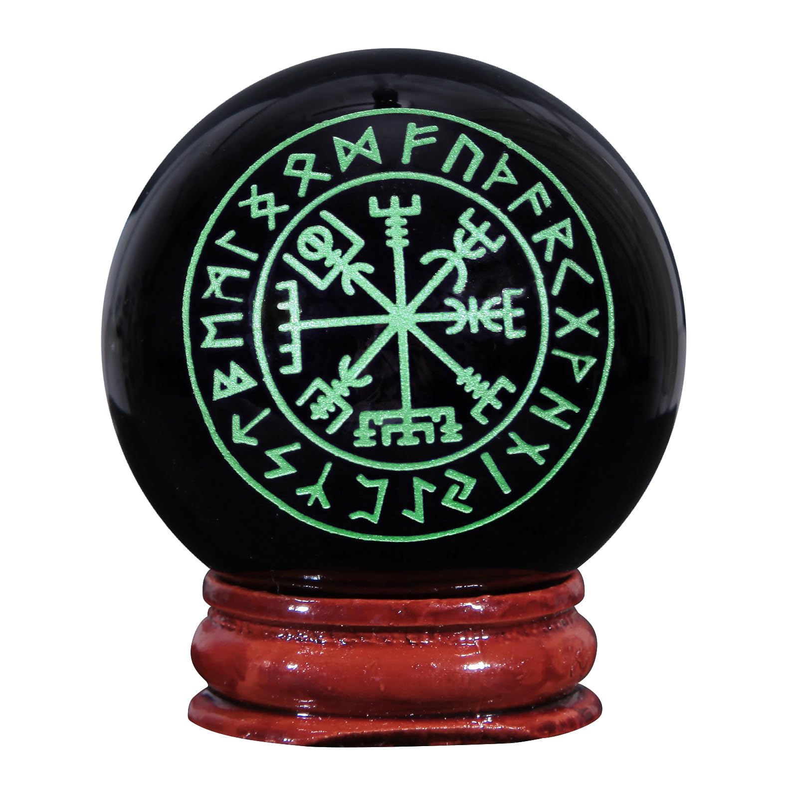 Nupuyai 1.9" Engraved Symbol Obsidian Crystal Ball with Stand, Polished Feng Shui Crystal Sphere Stone Ornament Home Office Decor, Runes & Vegvisir, Green