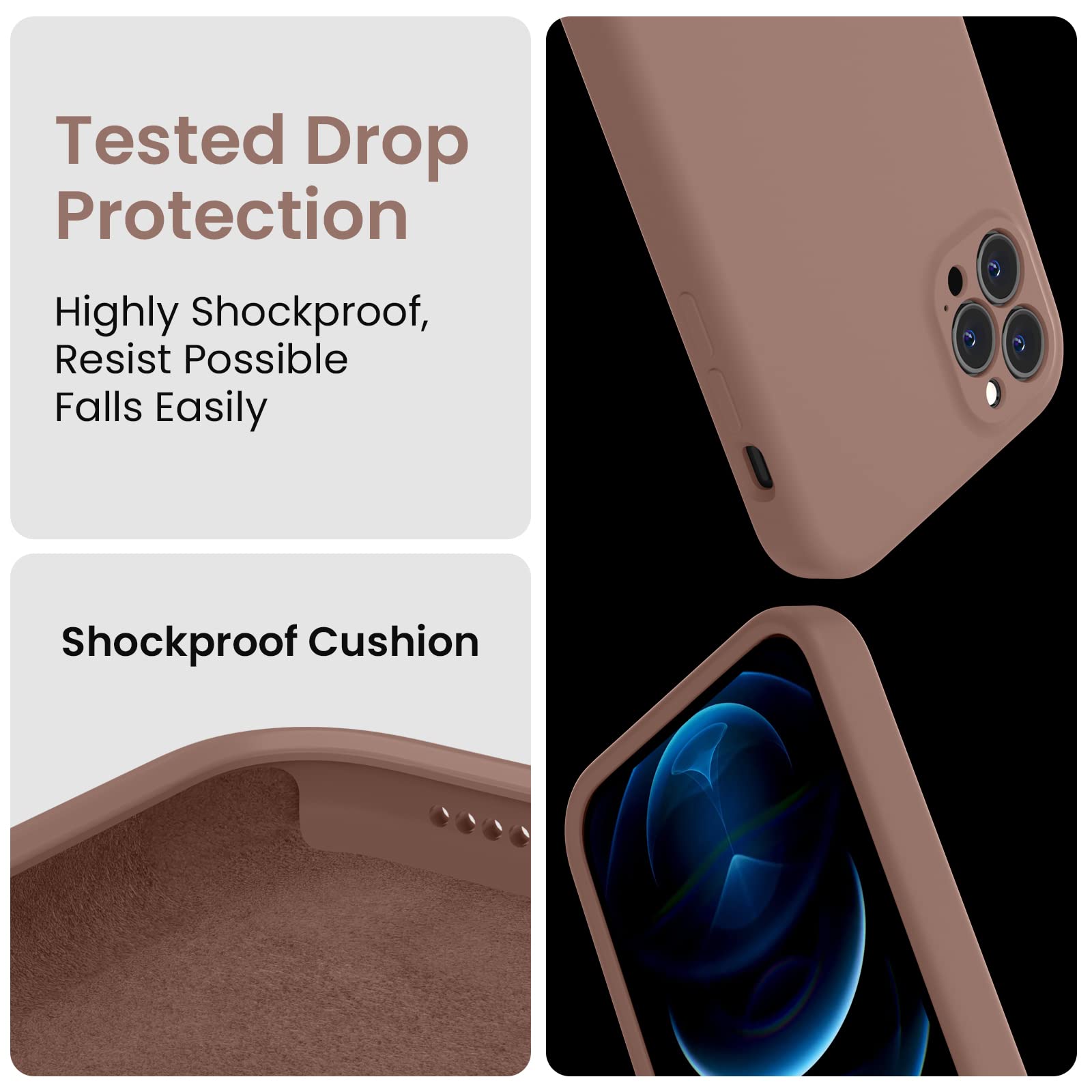 FireNova Designed for iPhone 12 Pro Case, Silicone [Camera Protecion] Phone Case with Soft Anti-Scratch Microfiber Lining, 6.1 inch, Light Brown