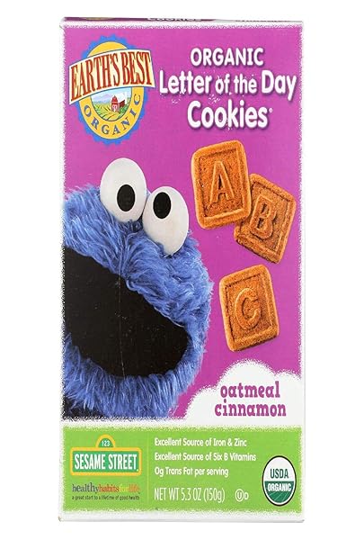 EARTH’S BEST ORGANIC LETTER OF THE DAY COOKIES FOR TODDLERS 2 YEARS OLD AND UP, OATMEAL CINNAMON FLAVOR, 5.3 OUNCE BOX (PACK OF 6)