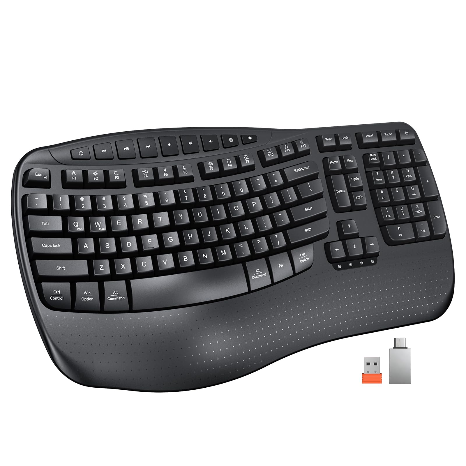 Photo 1 of MEETION Wireless Ergonomic Keyboard, Wave Keys Firm Wrist Rest for Natural Typing, 2.4G USB-A Cordless Receiver and USB-C Adapter, Ergo Computer Keyboard Compatible with Windows/Mac/PC/Laptop, Black