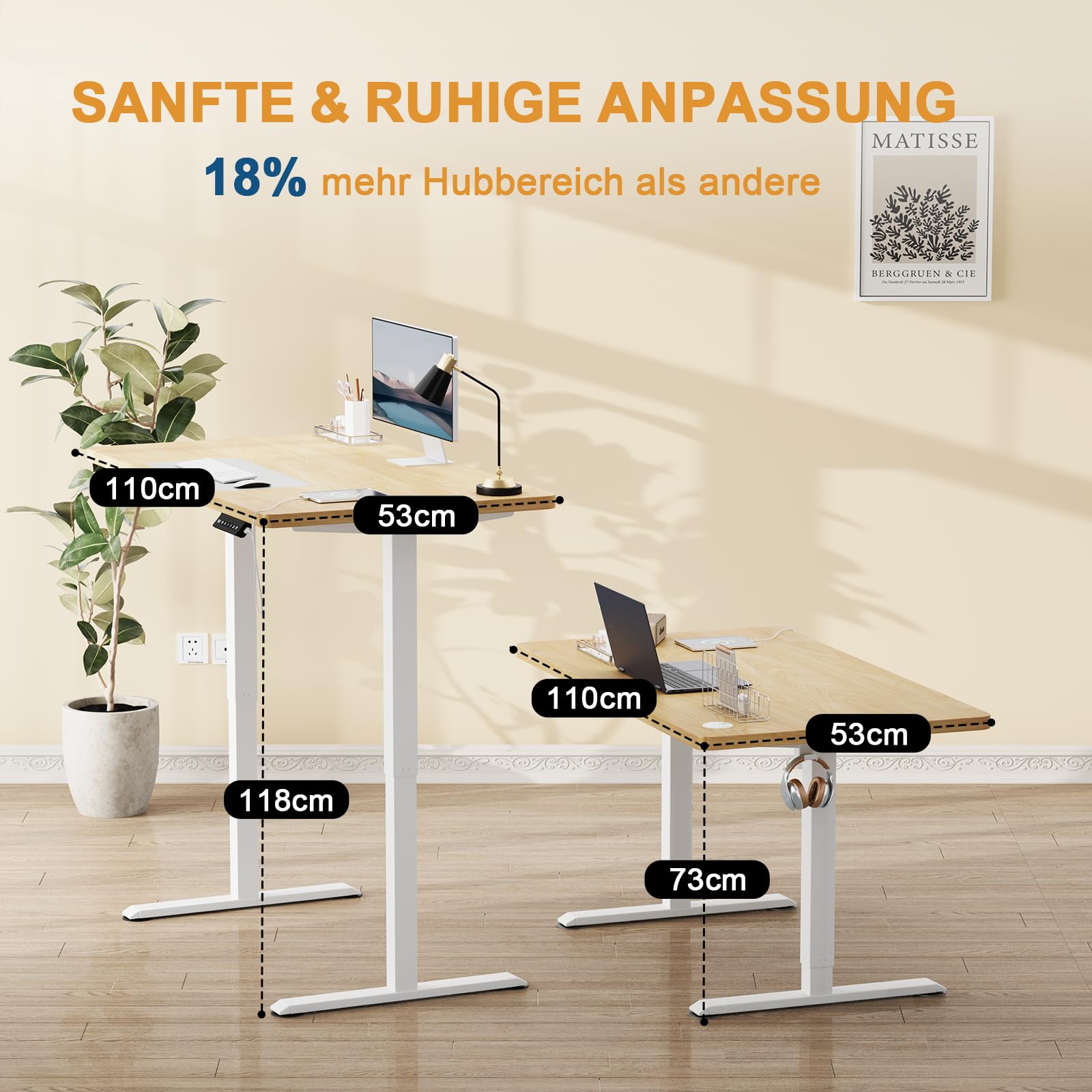 Flamaker Höhenverstellbarer Schreibtisch Ganze Tischplatte 140 x 60 cm Elektrischer Schreibtisch Höhenverstellbar für Steh-Sitz, Computertisch mit Memory-Funktion,Standing Desk,Beige 2