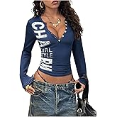 Milumia Women's Long Sleeve Henley Shirt Y2k Slim Fit Graphic Crop Tops Streetwear