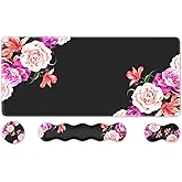 iLeadon Mouse Pad Set, Desk Mat + Mouse Pad with Wrist Rest + Keyboard Wrist Rest + Coaster, Mouse and Keyboard Pad Set with Stitched Edge & Non-Slip Base, Desk Pad Mat for Work Gaming, Peony Flower