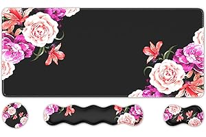 iLeadon Mouse Pad Set, Desk Mat + Mouse Pad with Wrist Rest + Keyboard Wrist Rest + Coaster, Mouse and Keyboard Pad Set with Stitched Edge & Non-Slip Base, Desk Pad Mat for Work Gaming, Peony Flower