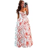 Wchecalino Strapless Tiered Floral Print Prom Dresses Long 2026 Corset Ruffle Formal Evening Gown with Slit
