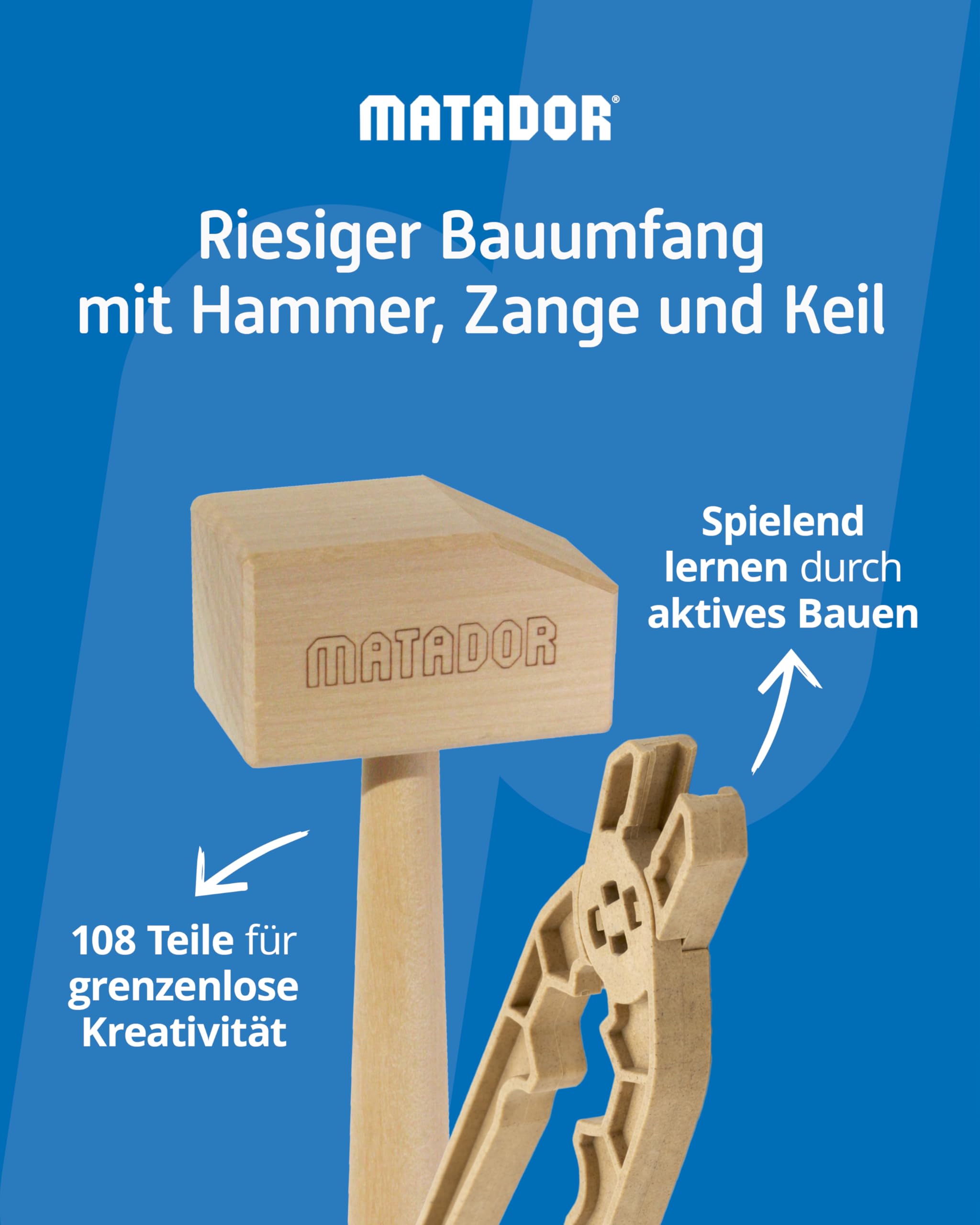 Matador Kinder Baukasten ab 3 Jahren 108-tlg. - Spannendes Holz Konstruktionsspielzeug zur Schulung von Kreativität und Feinmotorik, Bauspielzeug mit Stäbchen, Klötzen, Hammer & Zange 6