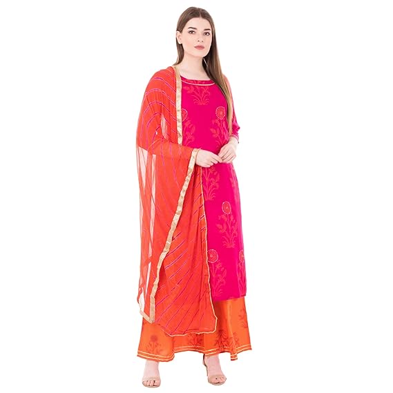 Women's Rayon Kurta Palazzo With Chiffon Printed Dupatta Set (Pink)