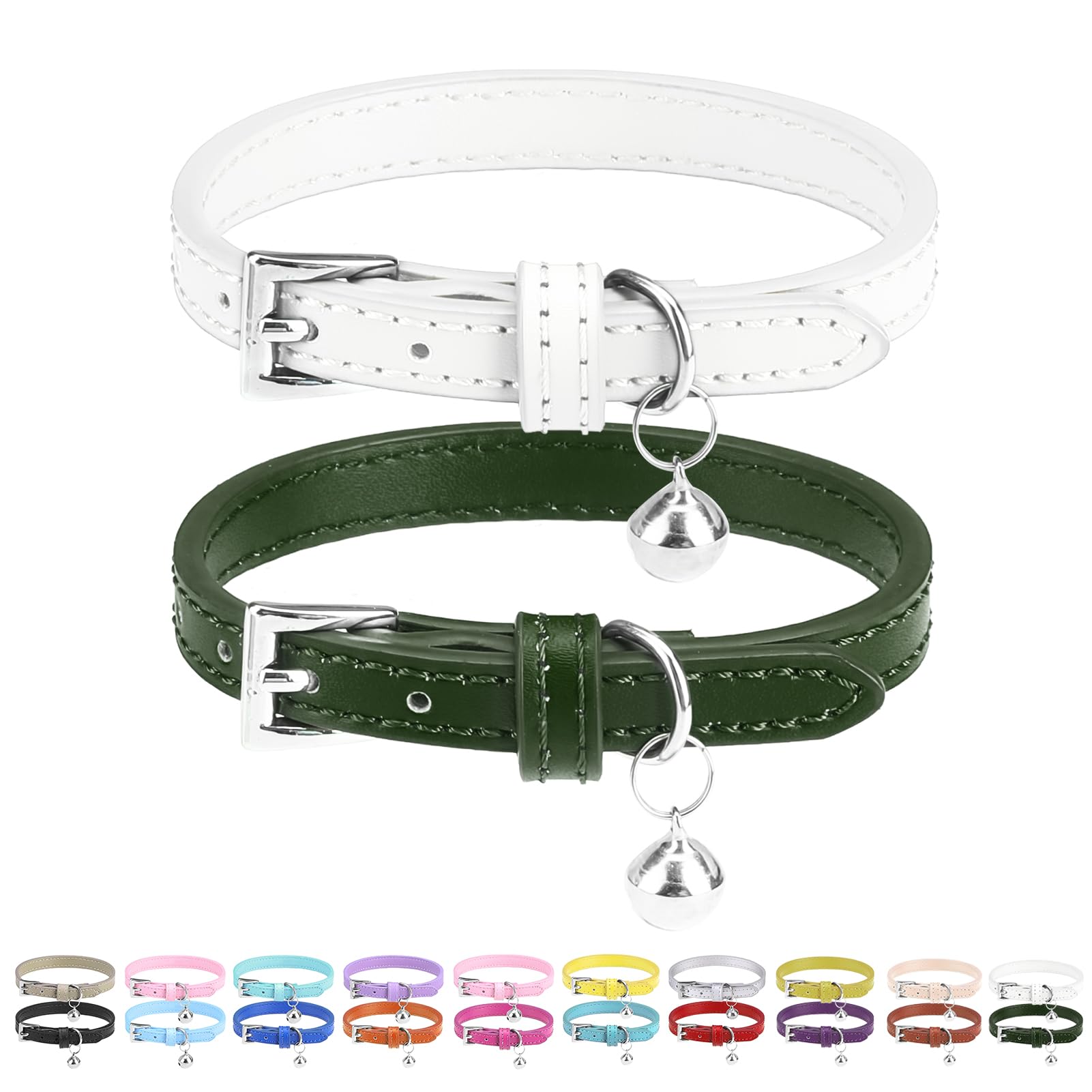 Photo 1 of PUPTECK 2 PCS Soft Genuine Leather Cat Kitten Collar with Bells Adjustable for Girl Boy Cats Puppy - White, Deep Green