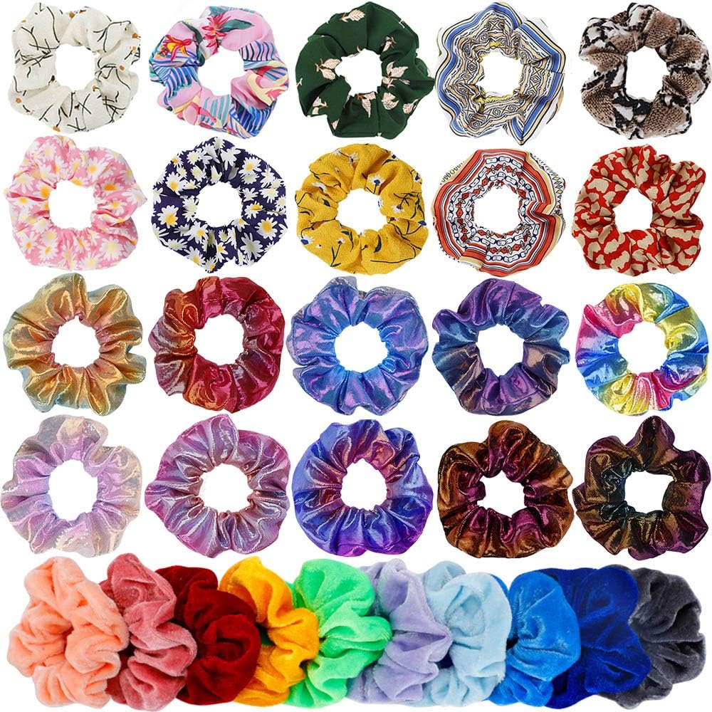 Scrunchies for Girls, 30 Pack Cute Scrunchies for Hair Including 10 Velvet Scrunchies, 10 Chiffon Flower Scrunchie and 10 Shiny Metallic Elastics Scrunchies, Hair Styling Accessories for Teen Girls