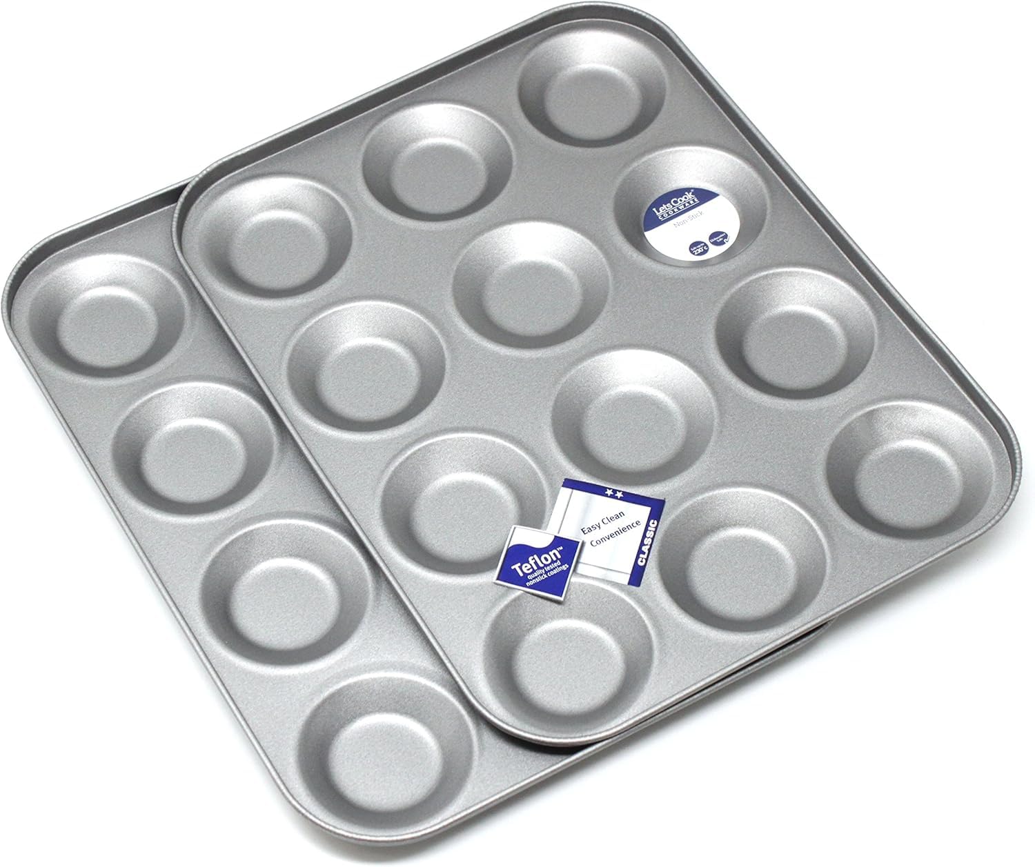 12 Hole Mince Pie/Bun Tin Twin Pack, Set of Two, for Buns, Fairy Cakes, Tarts and Mince Pies, British Made with Teflon Non Stick by Lets Cook Cookware