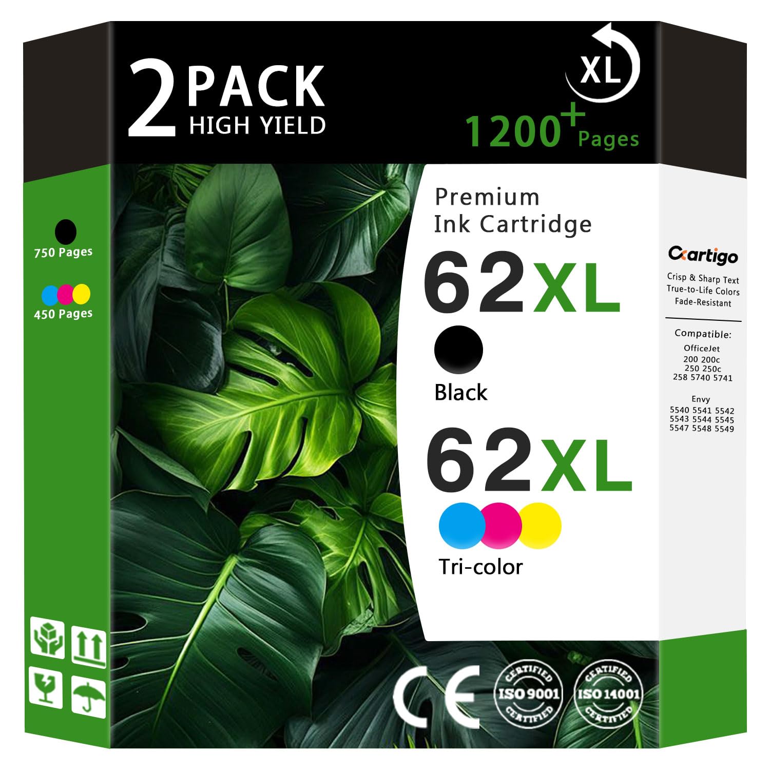 Photo 1 of 62XL High Yield Ink Cartridges Combo Pack (1 Black/1 Tri-Color 2-Pack) Compatible for HP 62XL 62 Replacement for HP Envy 5540 5640 5660 7644 OfficeJet 5740 5741 8040 200 250 Series Printers