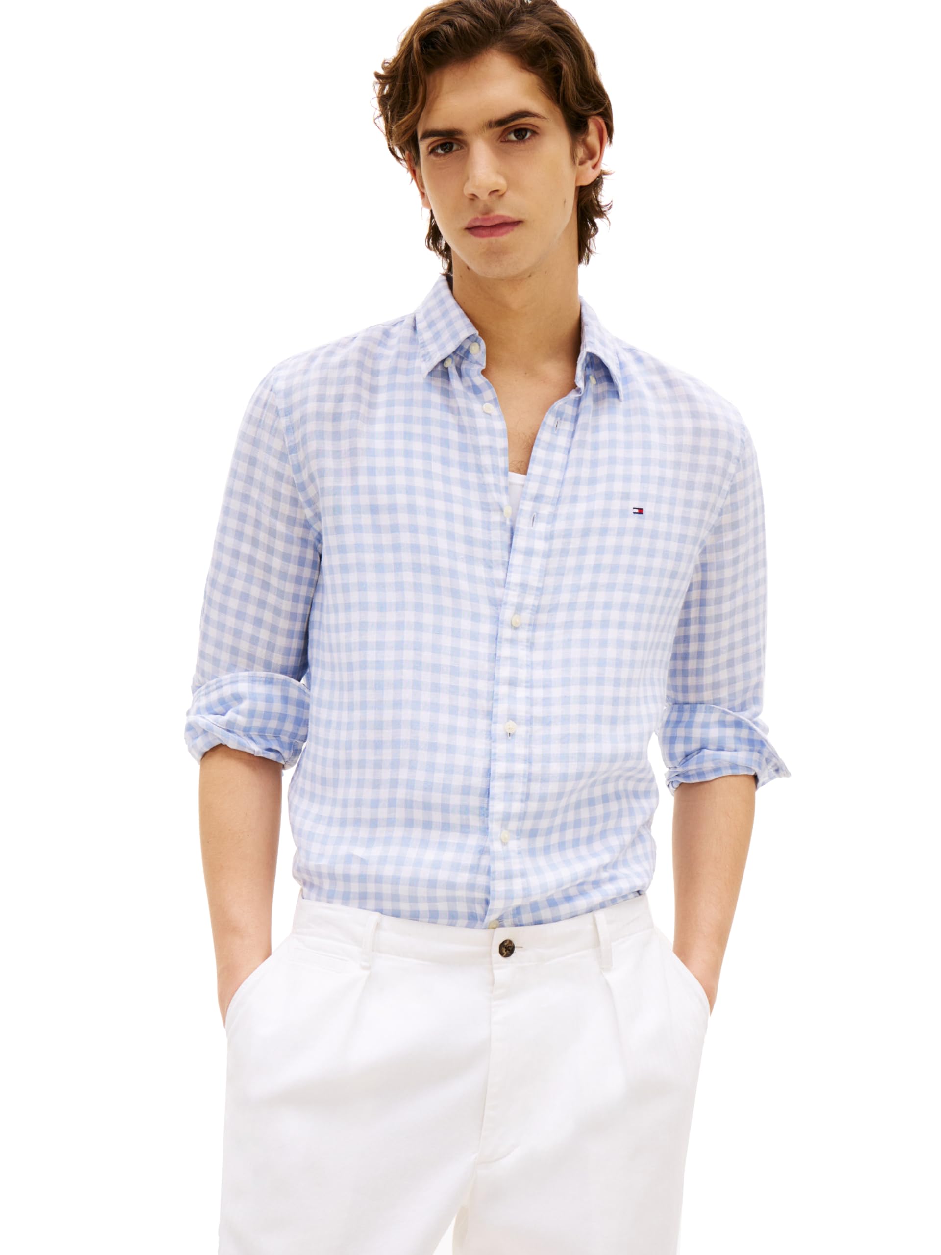 Tommy Hilfiger Men’s Linen Gingham Regular Long Sleeve Shirts, Breezy Blue/Check Small