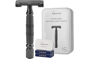 Gearhub Butterfly Double Edge Safety Razor Reusable Stainless Metal Wet Shaving Razor with 10 Swedish Platinum Blades for Men Women Barber Bikini Armpit Hair, Matte Black GR179