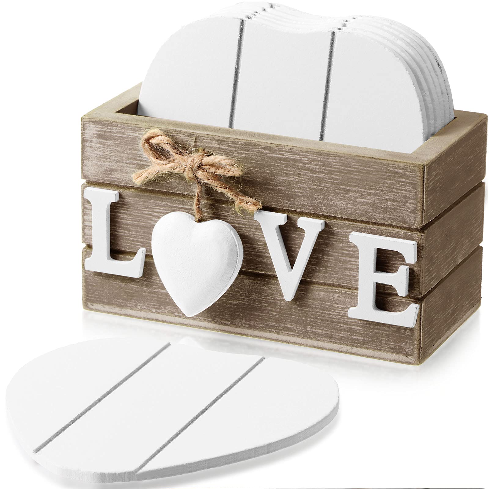 Wooden Heart Coasters Set of 6 With Holder - Farmhouse Coasters for Drinks, Coffee Table Protection - Funny Housewarming Gifts for New Home Decoration, 4 Inch (Brown, Love)