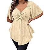 Eytino Womens Plus Size Tops Twist Front V Neck Short Sleeve Eyelet Embroidery Summer Loose Blouse Shirts(1X-5X)