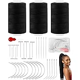 FIVEIZERO 450yd Black Sew in Hair Extension Thread and 30pcs T/C/J/I Needle | 3 Rolls Hair Thread;4-ply polyester weaving thread;Hair Weave Threads for Hair Extensions,Hand Sewing &amp; Making Wigs DIY