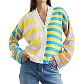Saodimallsu Womens Striped Cardigan Sweaters V Neck Open Front Button Up Color Block Fuzzy Loose Knit Coats