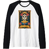 Tarot Catrina Top for Women, Dia De Los Muertos Sugar Skull Raglan Baseball Tee