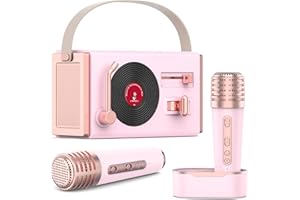 WowMoment Mini Karaoke Machine for Kids&Adults, Portable Bluetooth Speaker with 2 Wireless Microphones and Charging Pod, Stereo Sound Enhanced Bass and 5 Unique Sound, Gifts for Girls, Pink