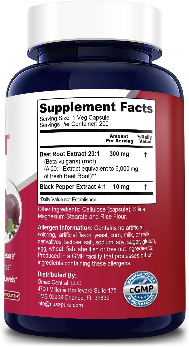 Beet Root 6000 mg 200 Veggie caps (Vegan, Non-GMO, Extract 20:1 & Gluten-Free) with Black Pepper - Supports Healthy Blood Pressure, Supports Performance and Energy Levels* *: Health & Personal Care