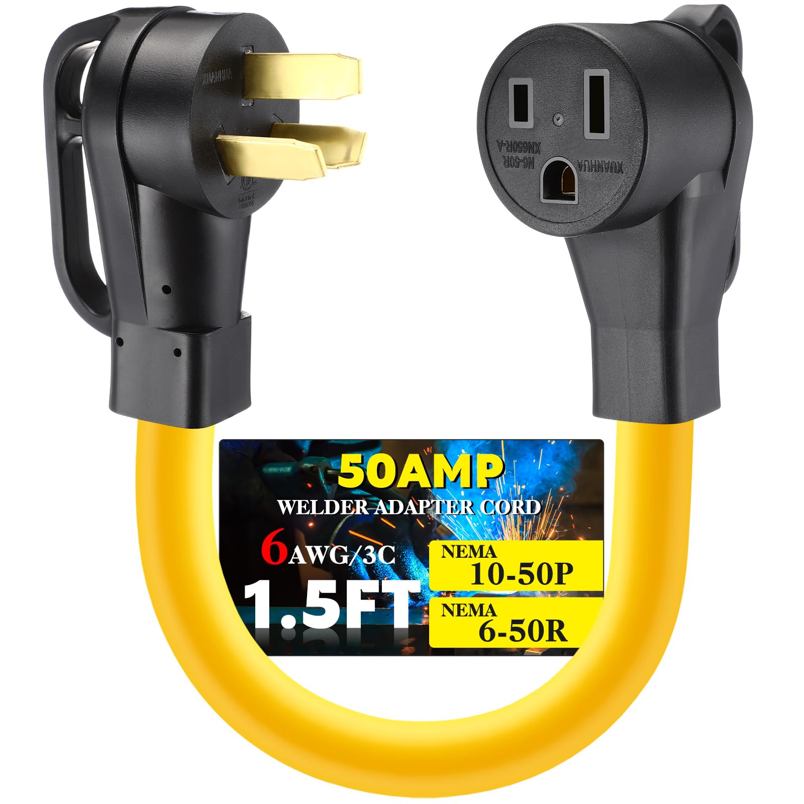 Photo 1 of Xuhal 50amp 6AWG Welder Adapter Cord Compatible with NEMA 10-50P to 6-50R, 3 Prong Male Plug to 3 Prong Female Receptacle Range Stove Oven to Welder Adapter with Handle STW 6AWG, 1.5FT, ETL Listed