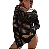 SHENHE Women's Crochet Hollow Out Drop Shoulder Sweater Sheer Long Sleeve Sweater Top